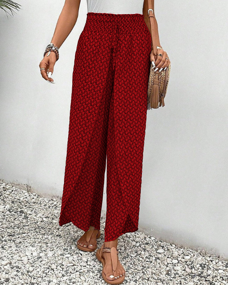 Vue latérale du pantalon femme large à motif géométrique