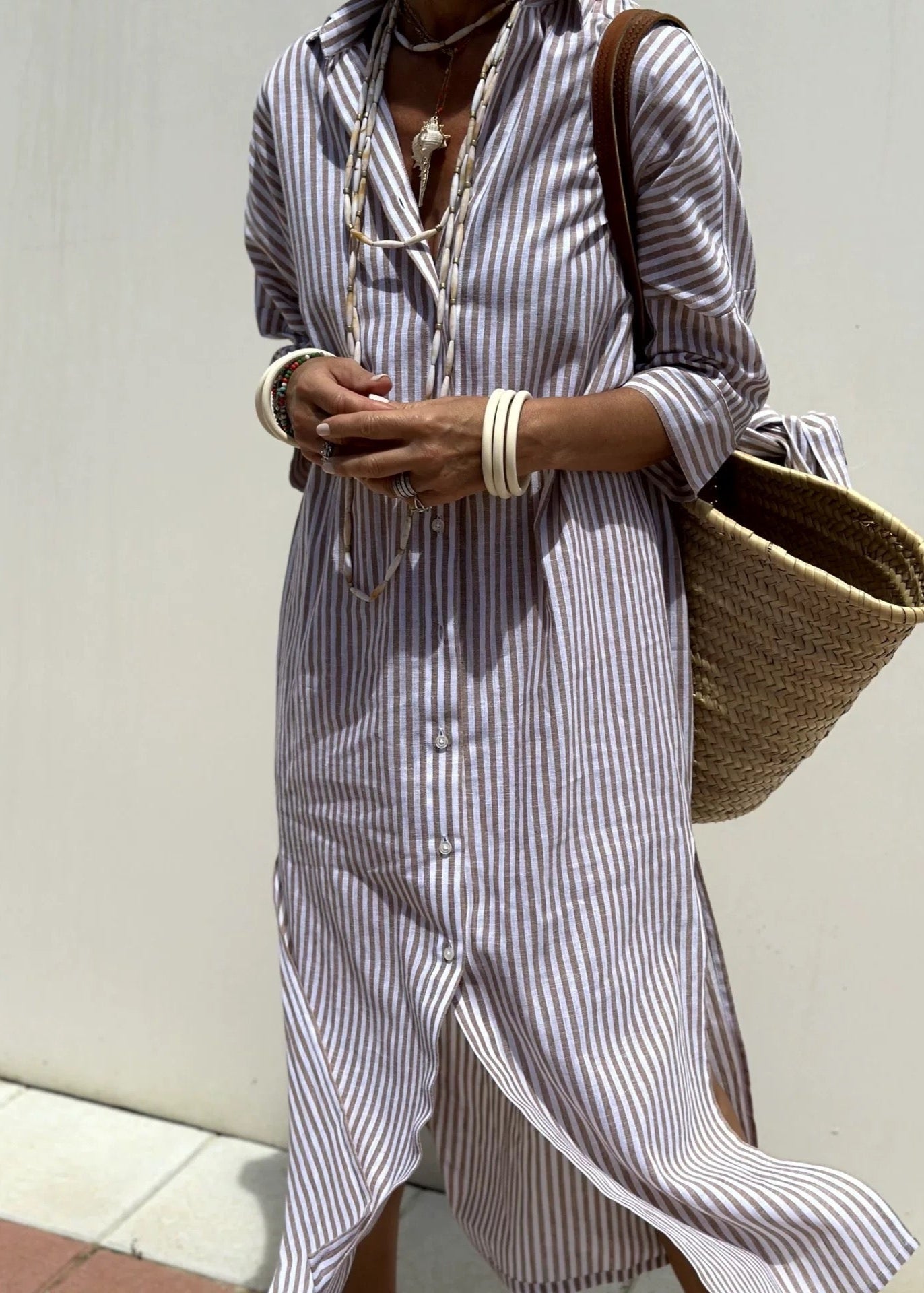 Sophie Paris | Robe chemise longue d'été à rayures et manches mi-longues