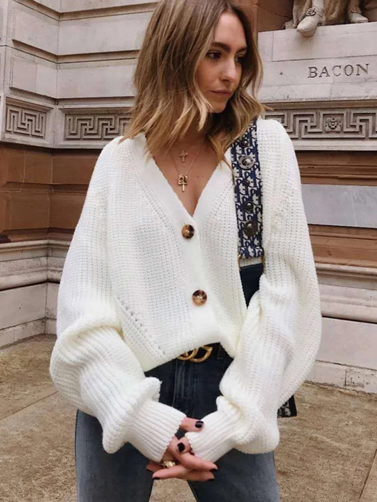 Cardigan tricoté à manches bouffantes pour femmes