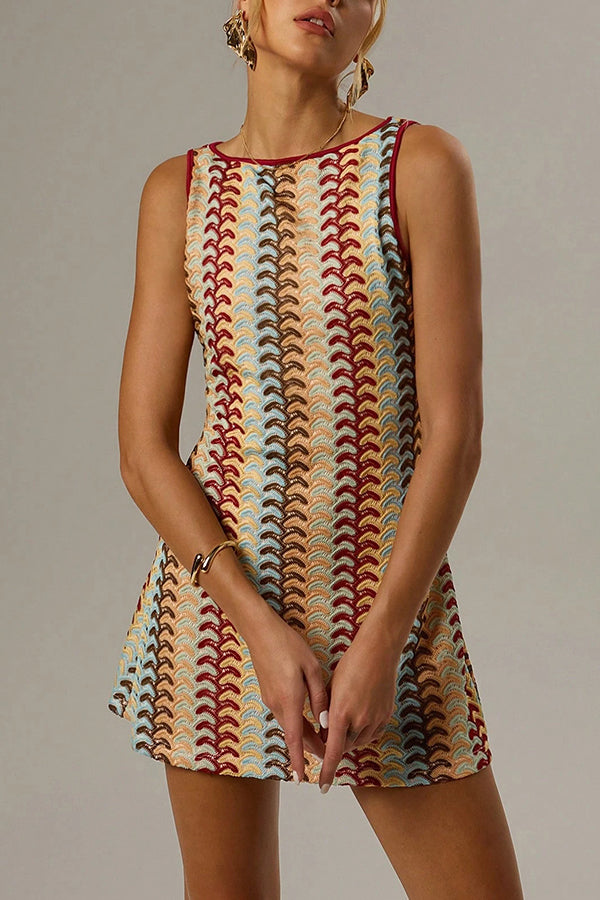 Robe Mini Sans Manches Col Rond à Zigzag Coloré