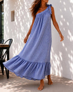 Robe maxi asymétrique unicolore à volants pour femme, vue de face