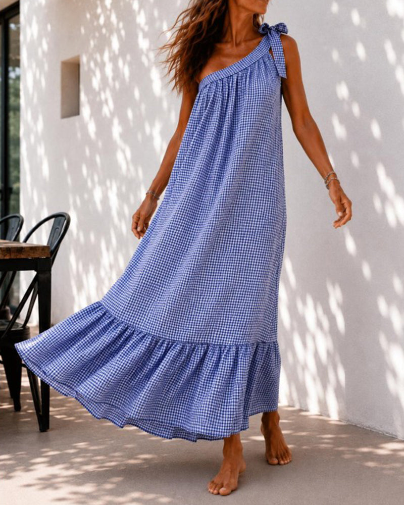 Robe maxi asymétrique unicolore à volants pour femme, vue de face