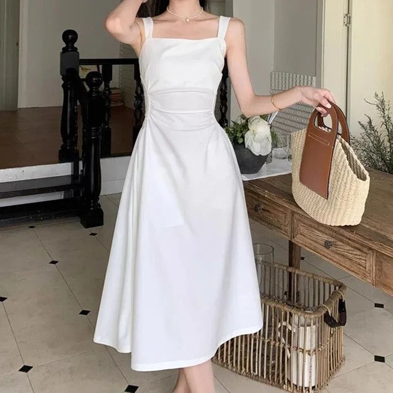Pauline Laurent® | Robe midi blanche à encolure carrée