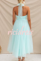 Robe longue en tulle à col licou avec détails froncés