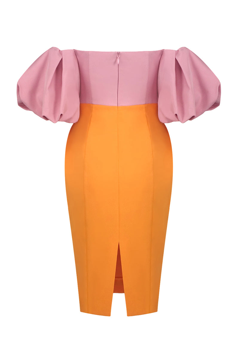 Robe mi-longue à manches ballon bicolore