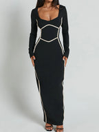 Robe maxi moulante à manches longues avec bordure contrastée