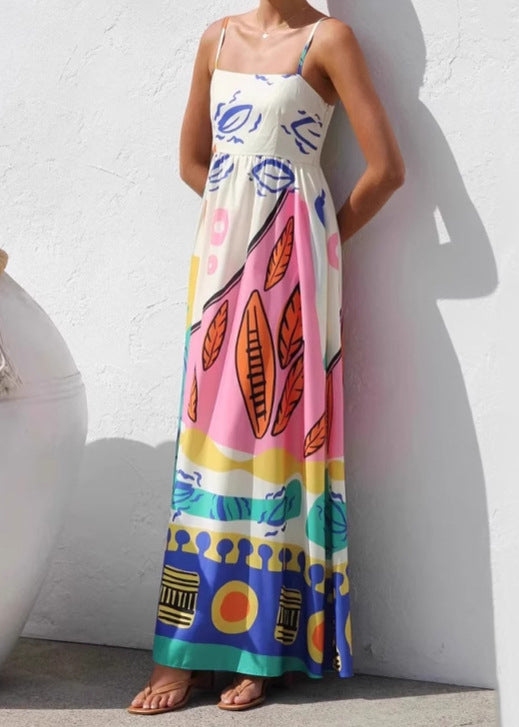 Robe d'été à bretelles spaghetti avec imprimé vacances