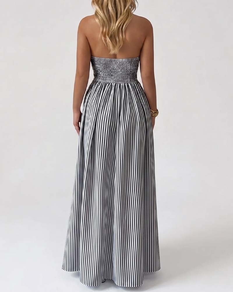 Vue latérale de la robe longue rayée femme à tombé fluide