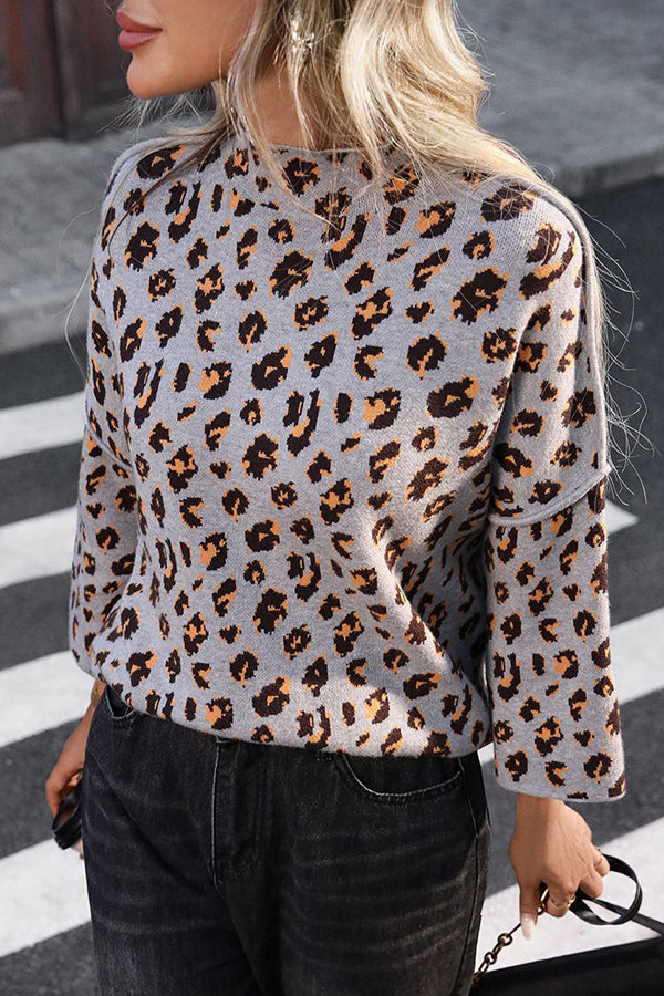 Pull en tricot à motif léopard confortable avec col roulé ample