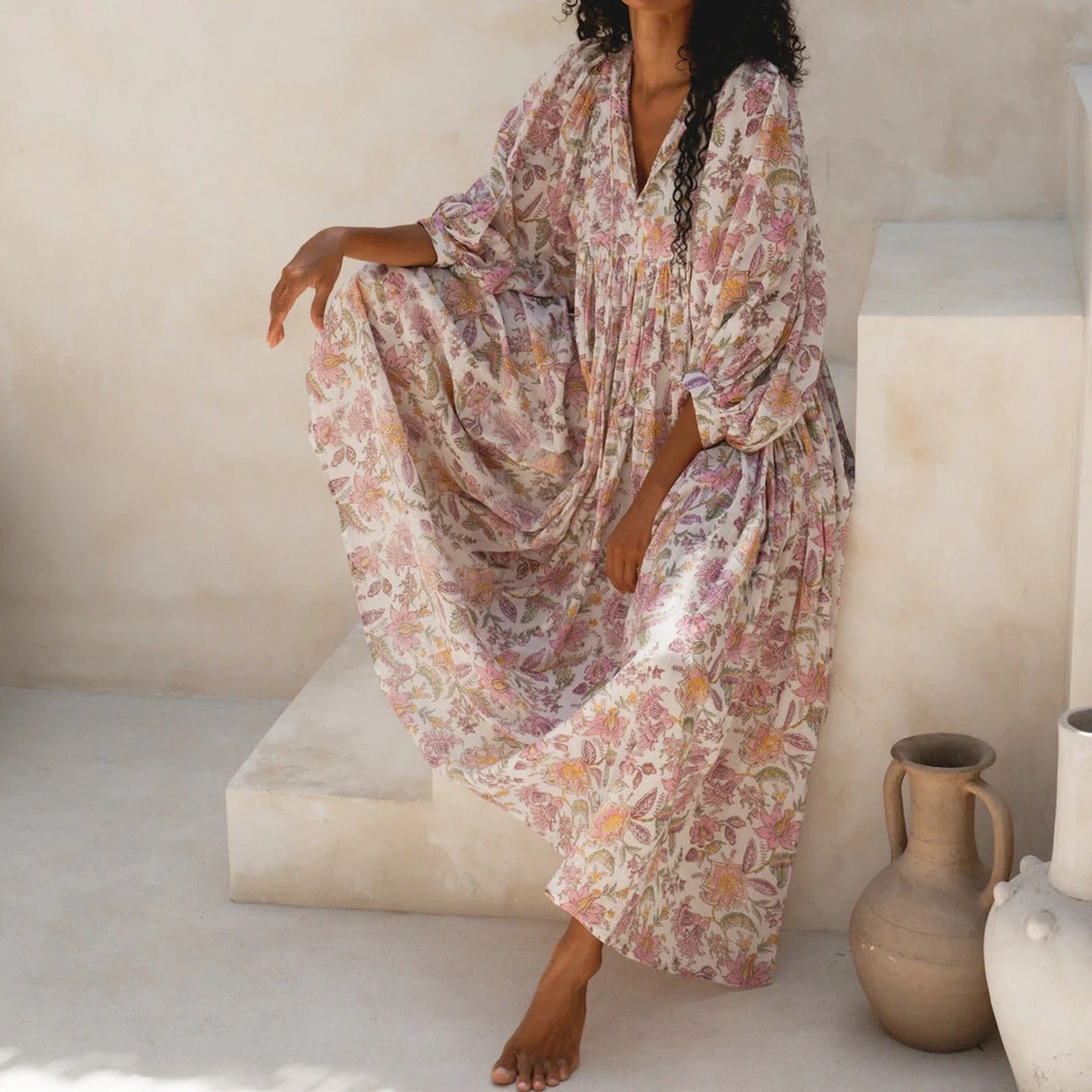Robe Longue Bohème Femme à Manches Bouffantes - Idéale Été Élégante
