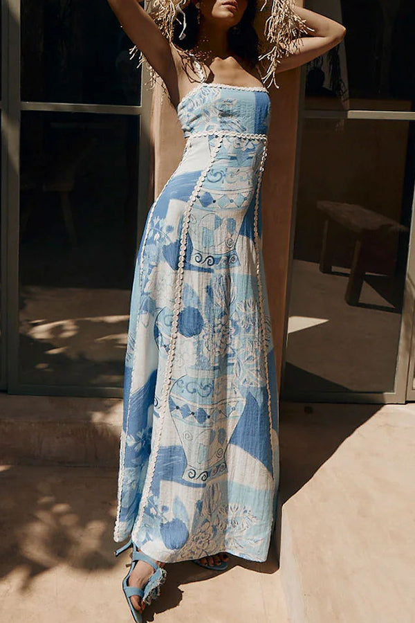 Sophie Paris® | Robe Maxi à Nouer au Dos avec Galon Ric Rac et Imprimé Unique