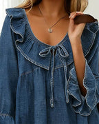Blouse Bleue Inspirée du Denim à Détails Volants Aérée