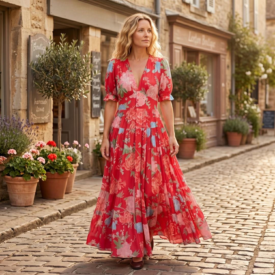 Minelda - Robe élégante à col en V avec motif floral