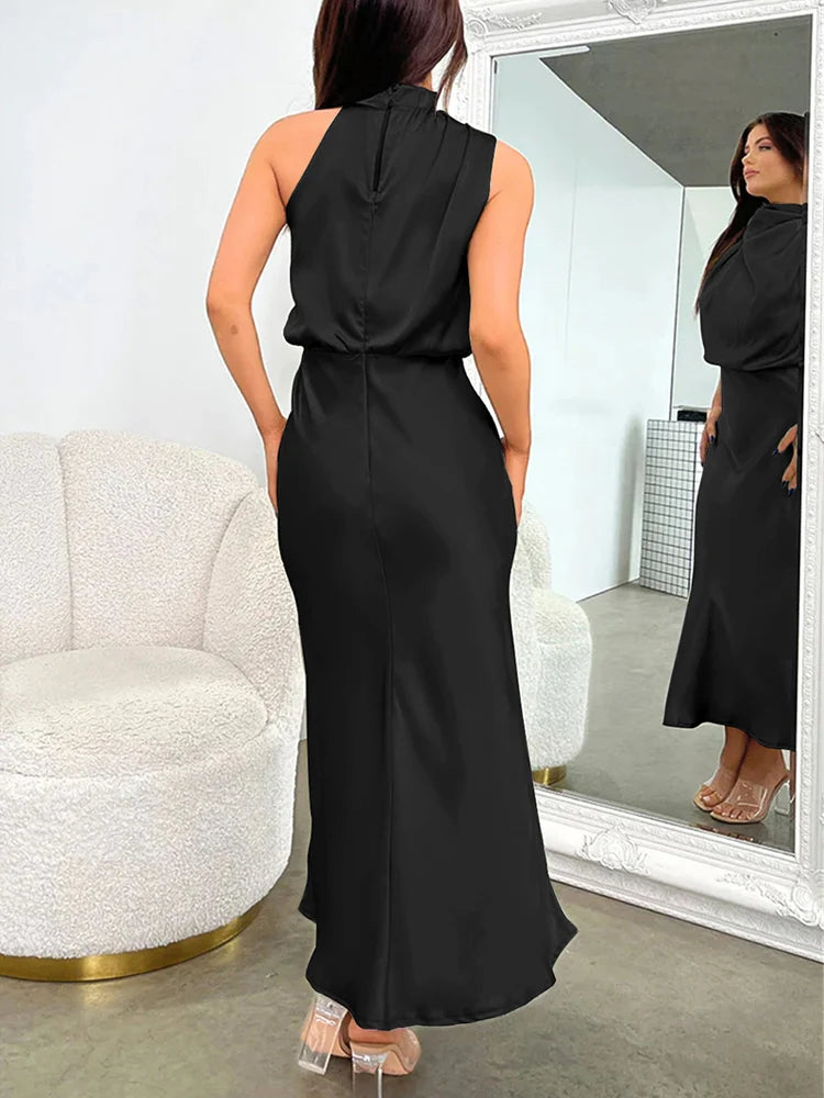 Robe midi en satin pour femme à encolure asymétrique