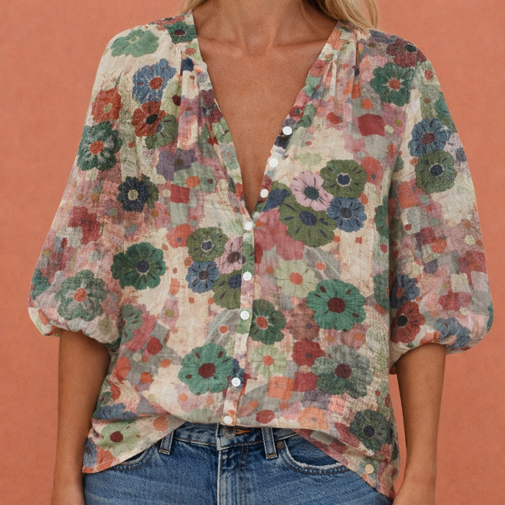 Blouse boutonnée imprimée à col en V pour femmes