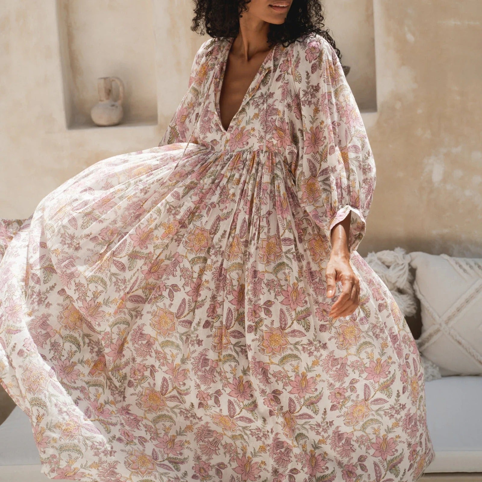 Robe Longue Bohème Femme à Manches Bouffantes - Idéale Été Élégante