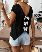 T-shirt femme uni à col V avec nœud au dos vue de dos