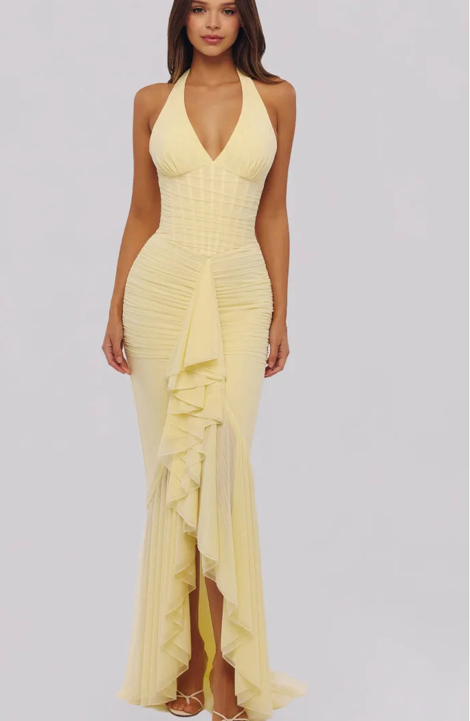 Robe longue Soleya à col licou froncée pour invités de mariage