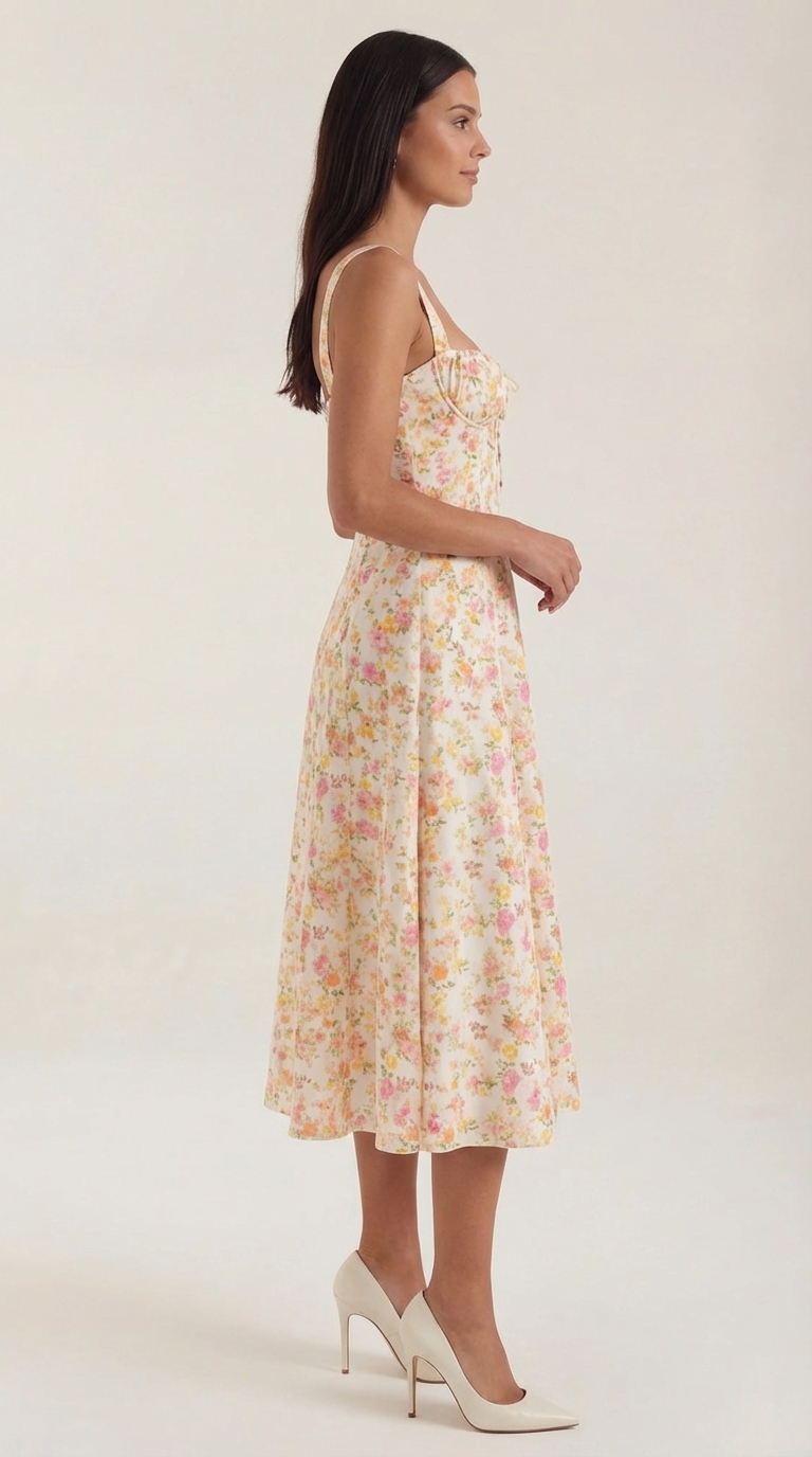 Robe midi fleurie pour femmes, idéale pour les invitées de mariage