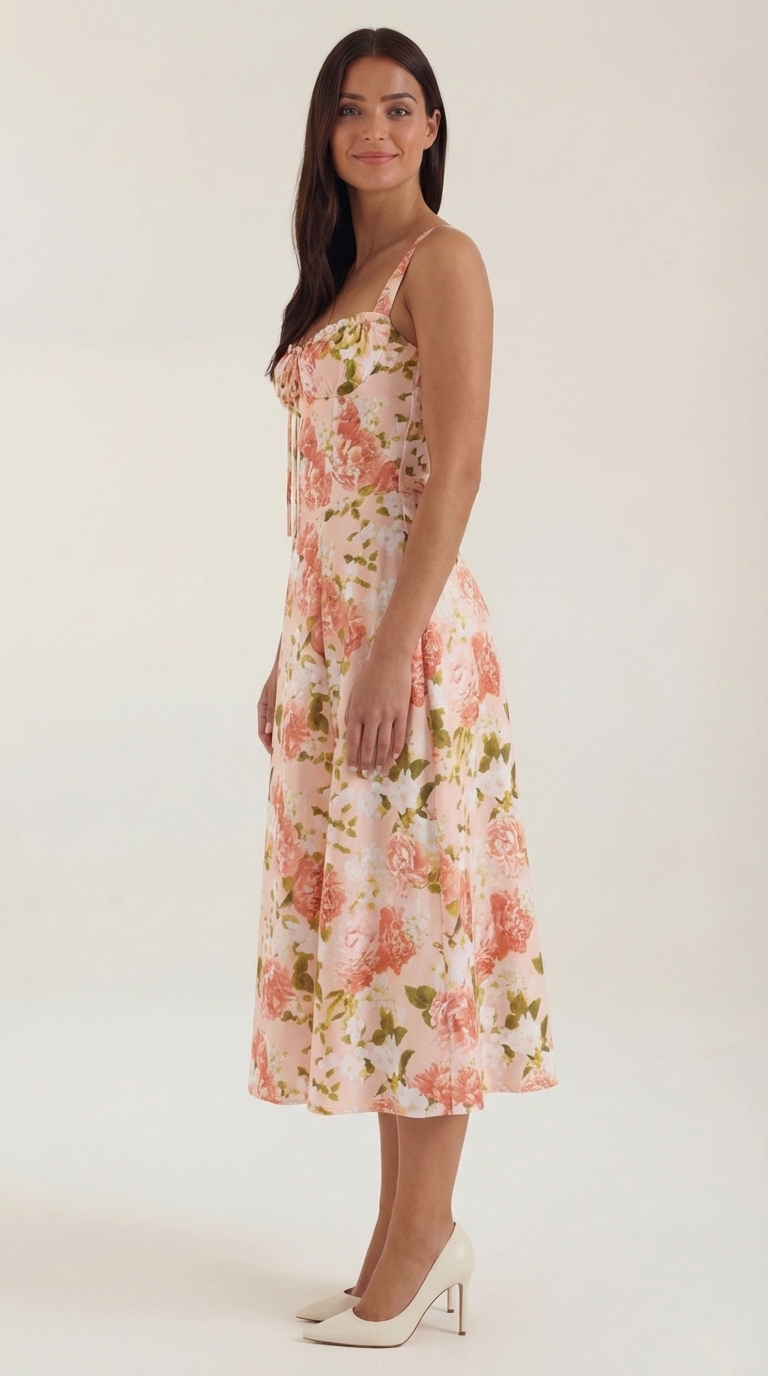 Robe midi fleurie pour femmes, idéale pour les invitées de mariage