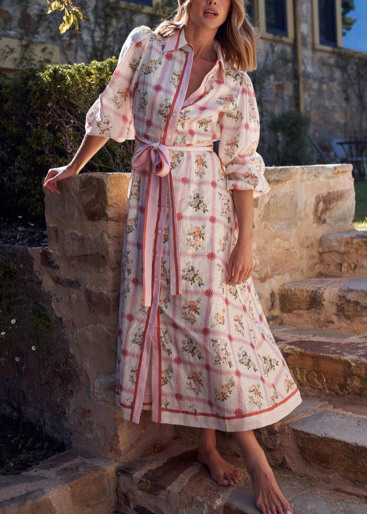 Robe longue décontractée en coton pour femme avec col Peter Pan et laçage en dentelle