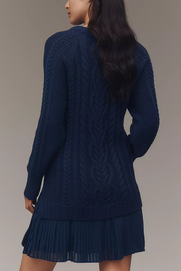 Robe Mini Pull en Maille Côtelée avec Ourlet en Chiffon Plissé