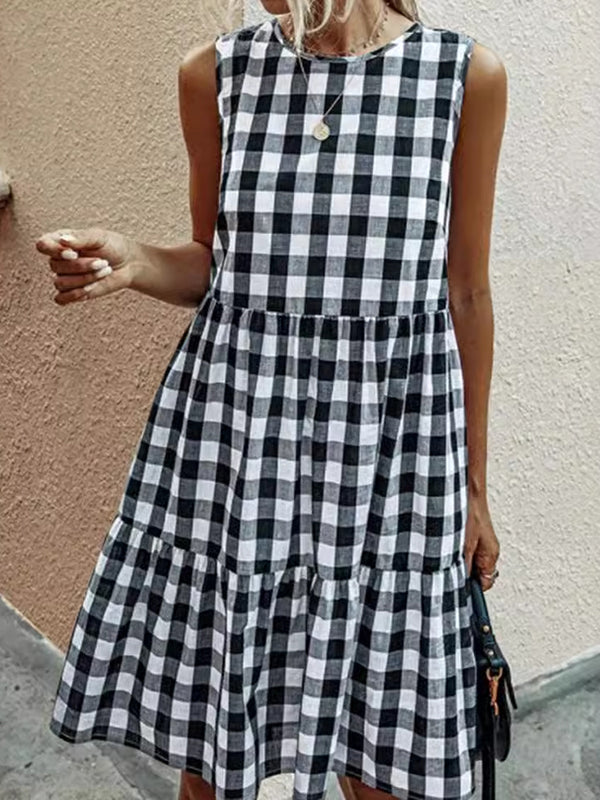 Robe Mini Sans Manches à Carreaux Facile avec Détails Plissés
