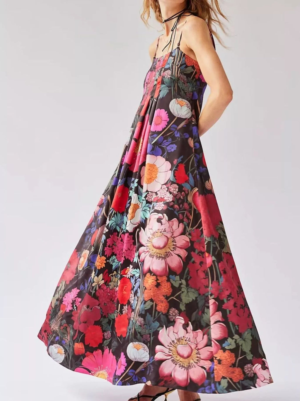 Robe maxi sans manches à imprimé floral en polyester