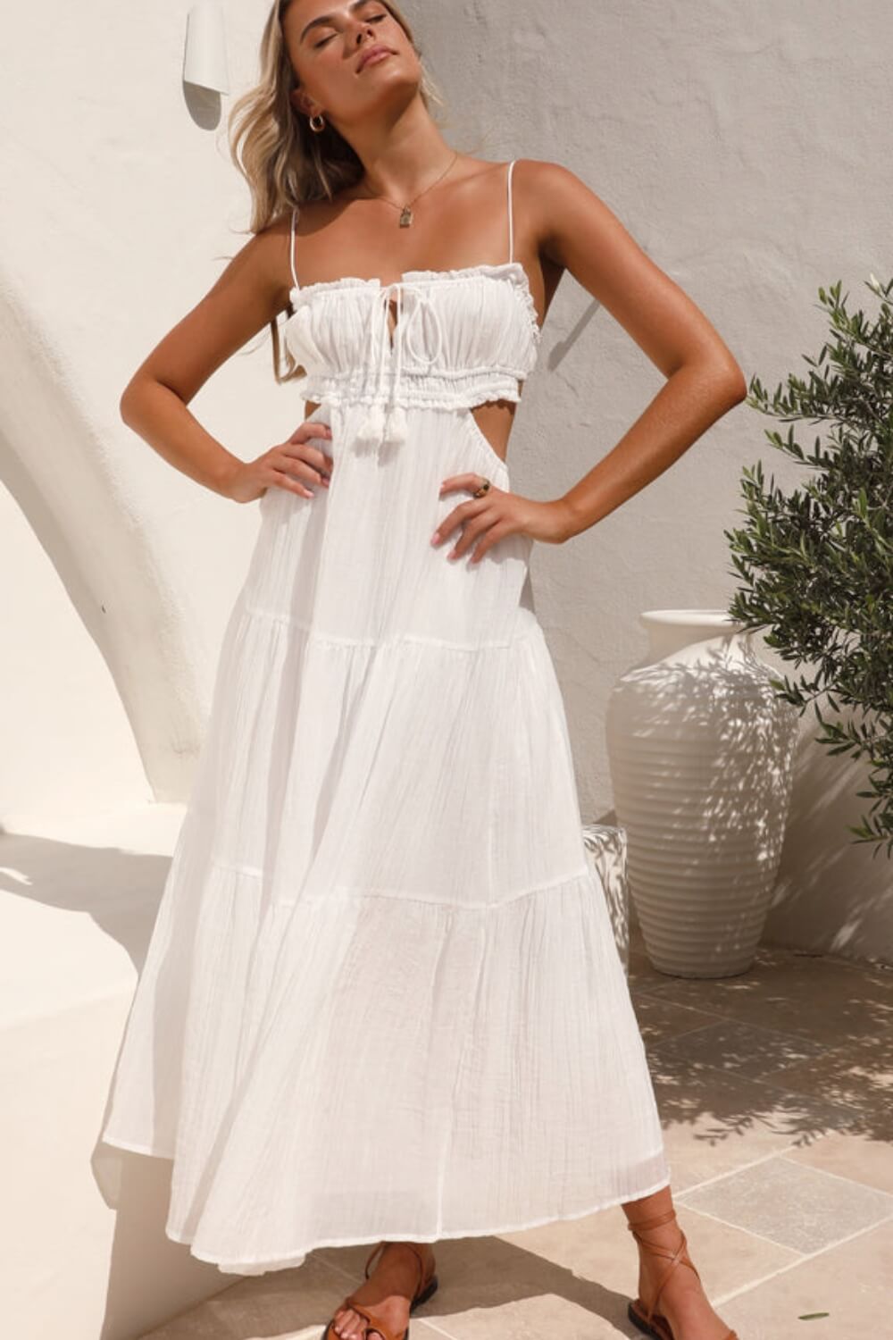 Robe mi-longue en mélange coton chiffon