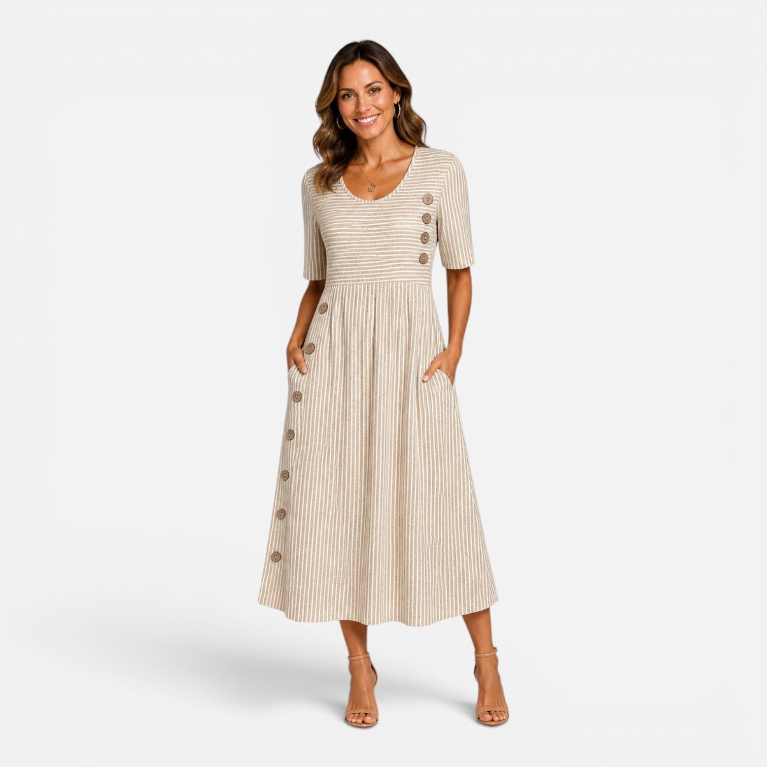 Robe Midi Rayée pour Femme avec Boutons et Poches