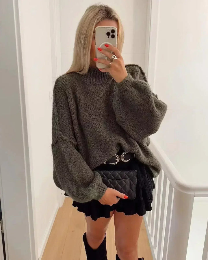 Pull en tricot confortable à col roulé avec manches bouffantes tendance