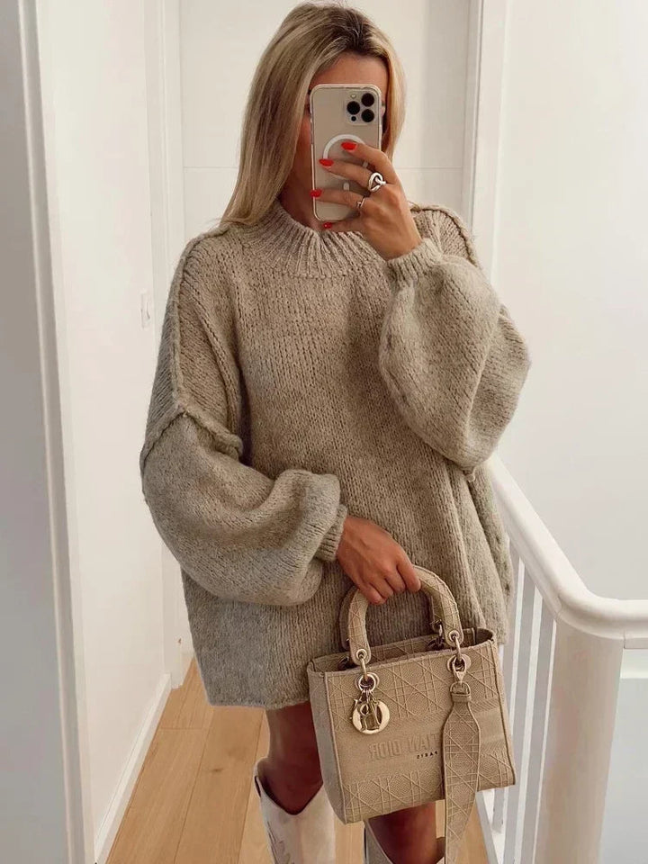 Pull en tricot confortable à col roulé avec manches bouffantes tendance