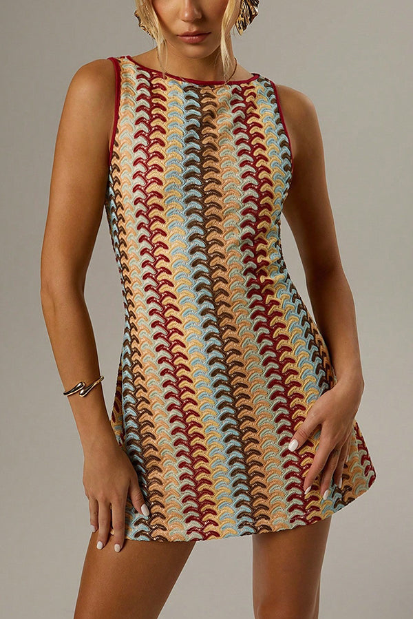 Robe Mini Sans Manches Col Rond à Zigzag Coloré