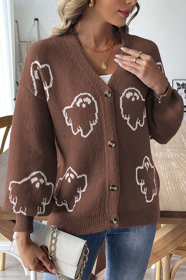 Pull en tricot confortable d'Halloween avec fantôme et boutons devant