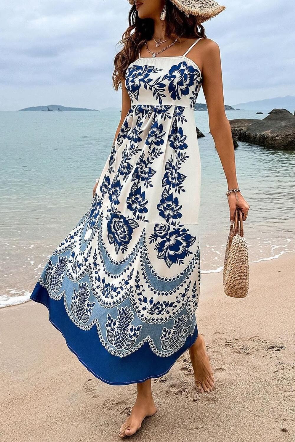 Robe midi bleu en polyester à bretelles spaghetti