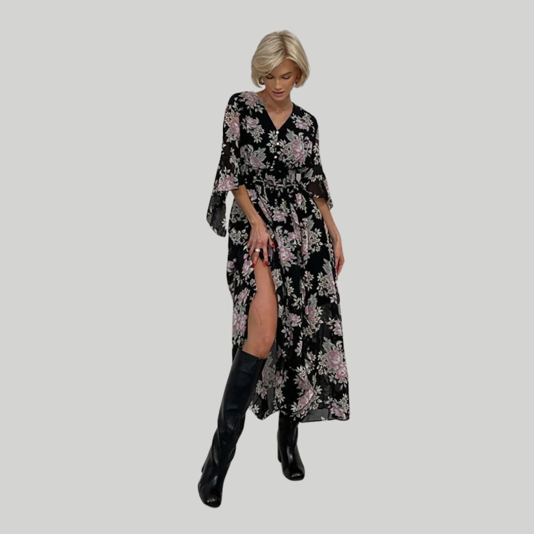 Pauline Laurent® | Robe midi florale avec décolleté en V