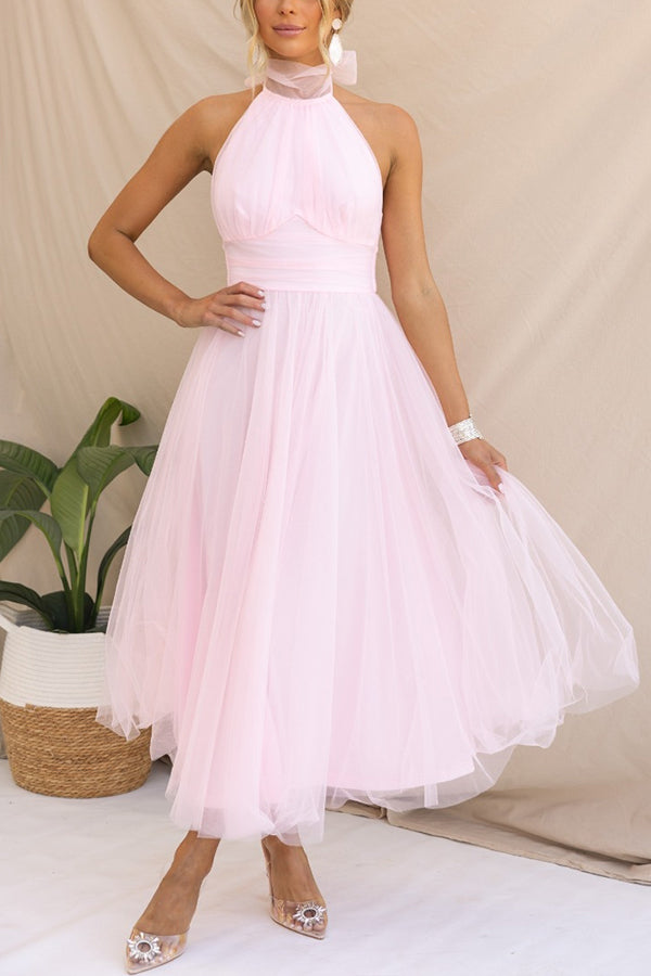Robe longue en tulle à col licou avec détails froncés