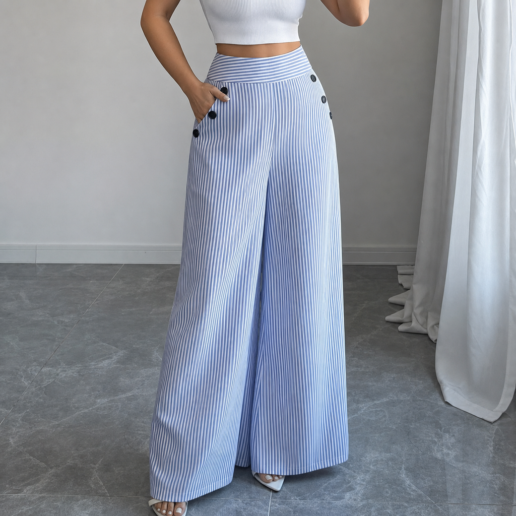 Pantalon Large Taille Haute En Lin Rayé Femme