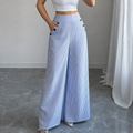 Pantalon Large Taille Haute En Lin Rayé Femme