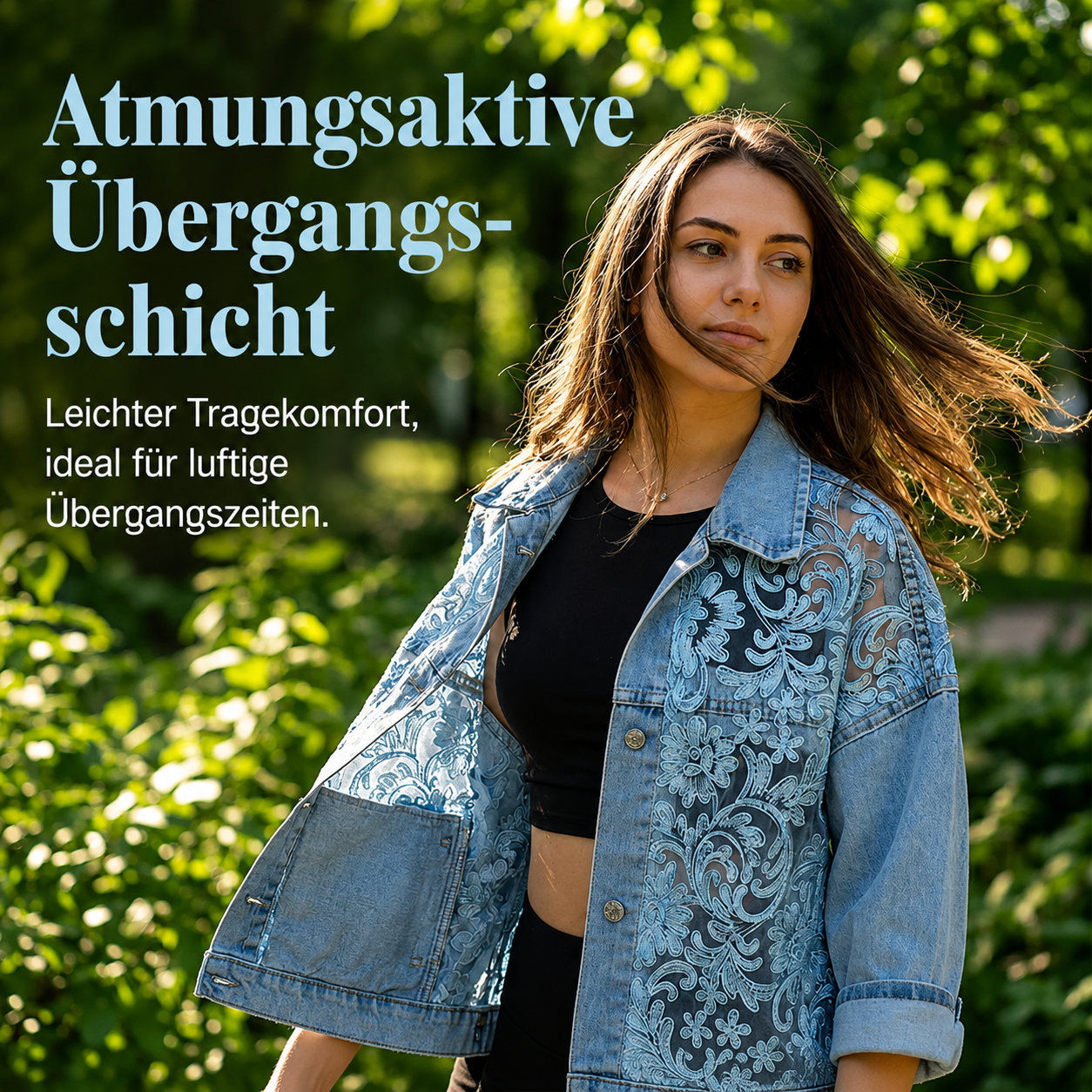Détail du motif fleuri sur veste en jean femme