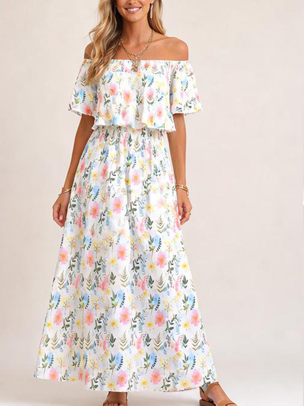 Robe maxi d'été florale pour femme à épaules dénudées