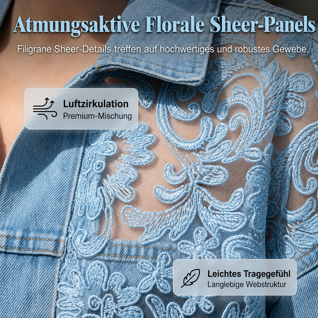 Veste en jean femme à motif fleuri présentée sur fond neutre