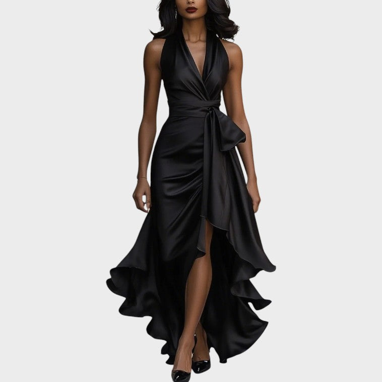 Robe dos nu en satin midnight avec détail volanté