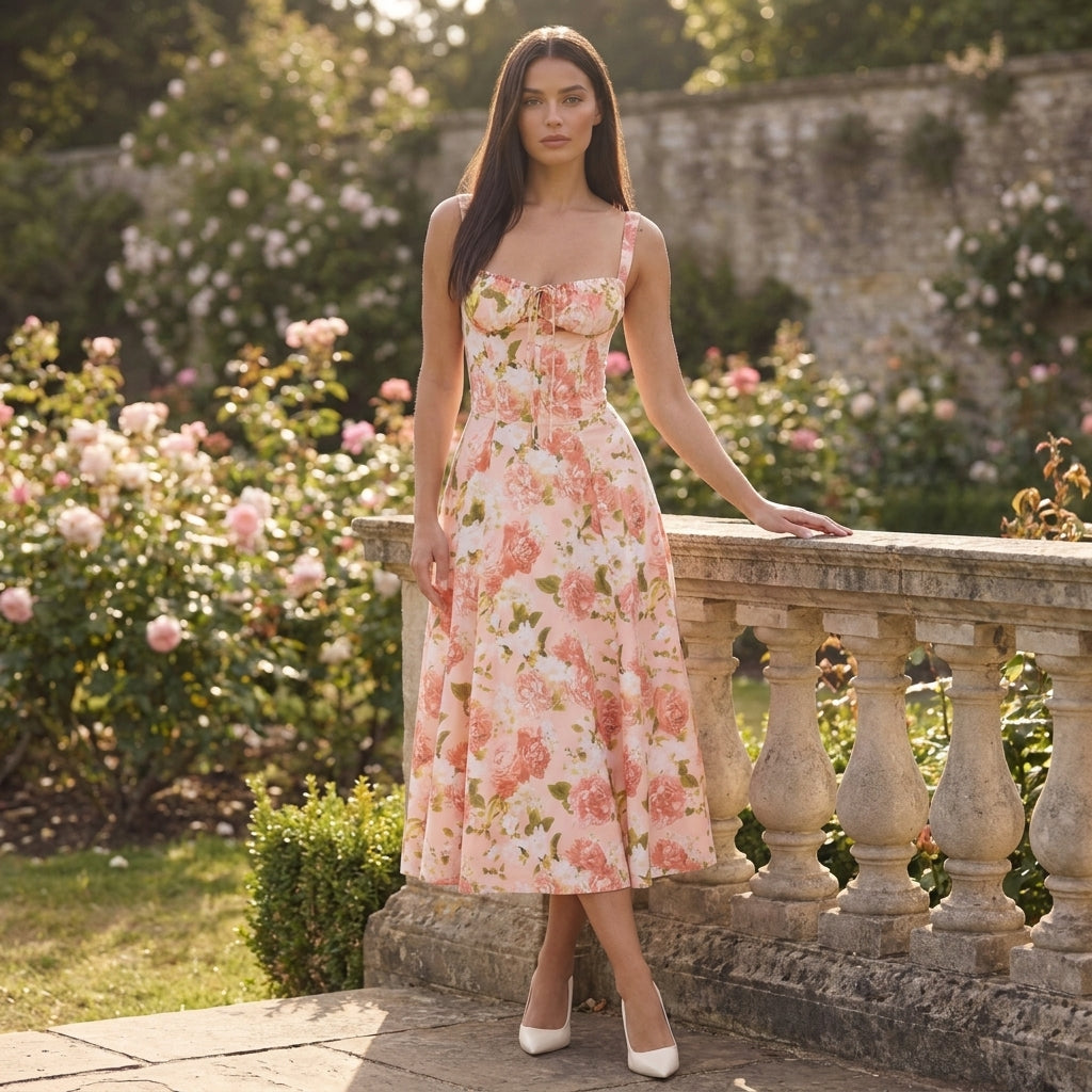 Robe midi fleurie pour femmes, idéale pour les invitées de mariage