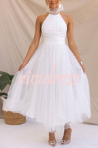 Robe longue en tulle à col licou avec détails froncés