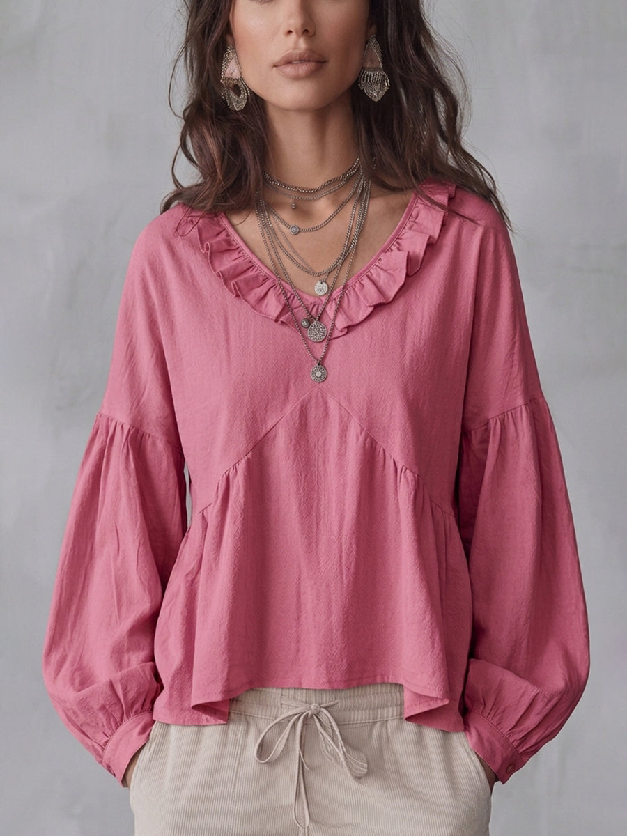 Blouse Femme Col V Profond Plissée À Volants
