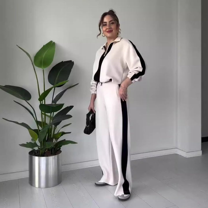 Ensemble chic 2 pièces : haut à col à zip et pantalon