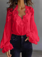 Blouse Femme en Dentelle à Manches Bouffantes Patchwork