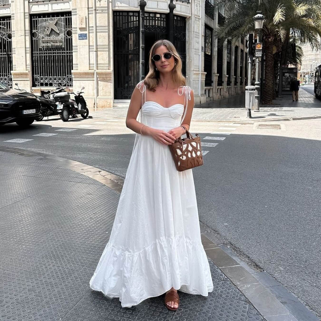 Robe longue blanche en polyester longueur cheville