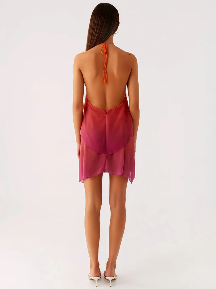 Robe courte à volants dégradé rose
